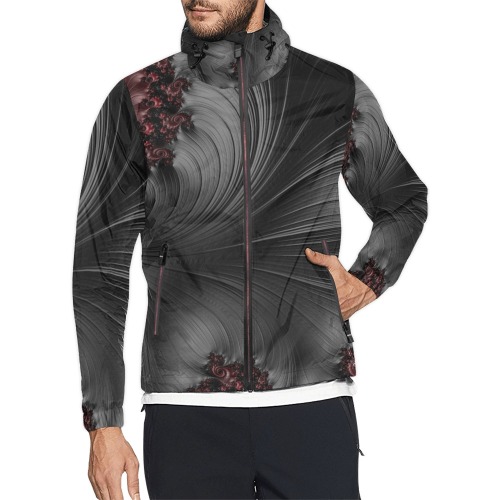 Black and Maroon Fern Fronds Fractal Abstract Unisex All Over Print Windbreaker (Model H23)