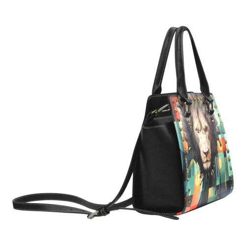 Lion On Cubism Pattern Rivet Shoulder Handbag (Model 1645)