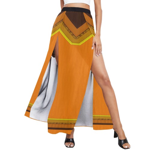 Ethnic Orange, Brown, Rust and Yellow High Slit Long Beach Dress (Model S40)