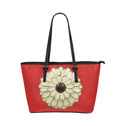white flower / red Leather Tote Bag/Small (Model 1651)