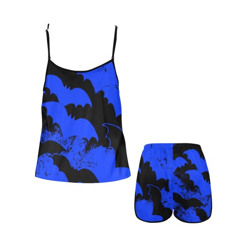 Black Bats In Flight Blue Women's Spaghetti Strap Short Pajama Set