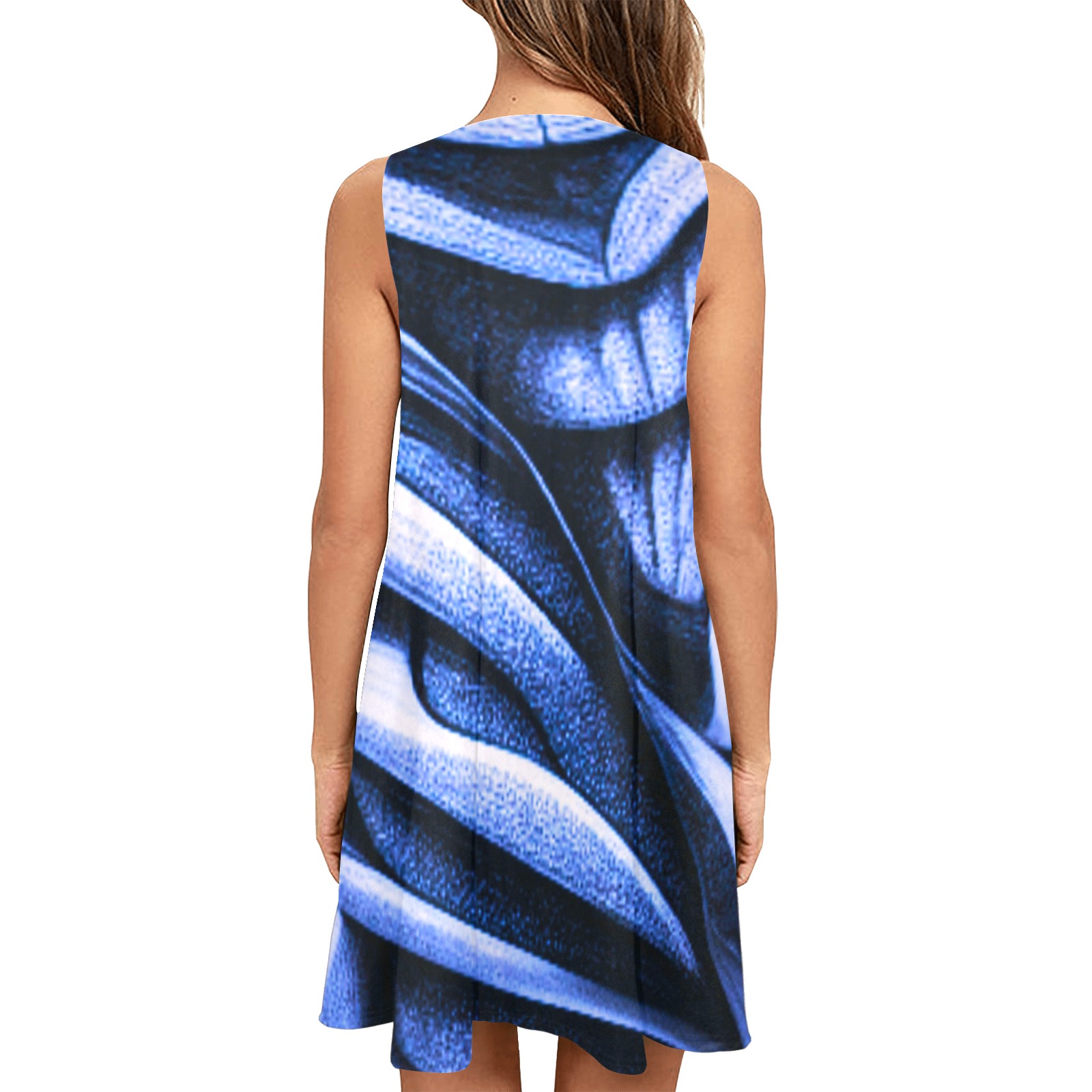 Blue Abstract Graffiti Sleeveless A-Line Pocket Dress (Model D57)