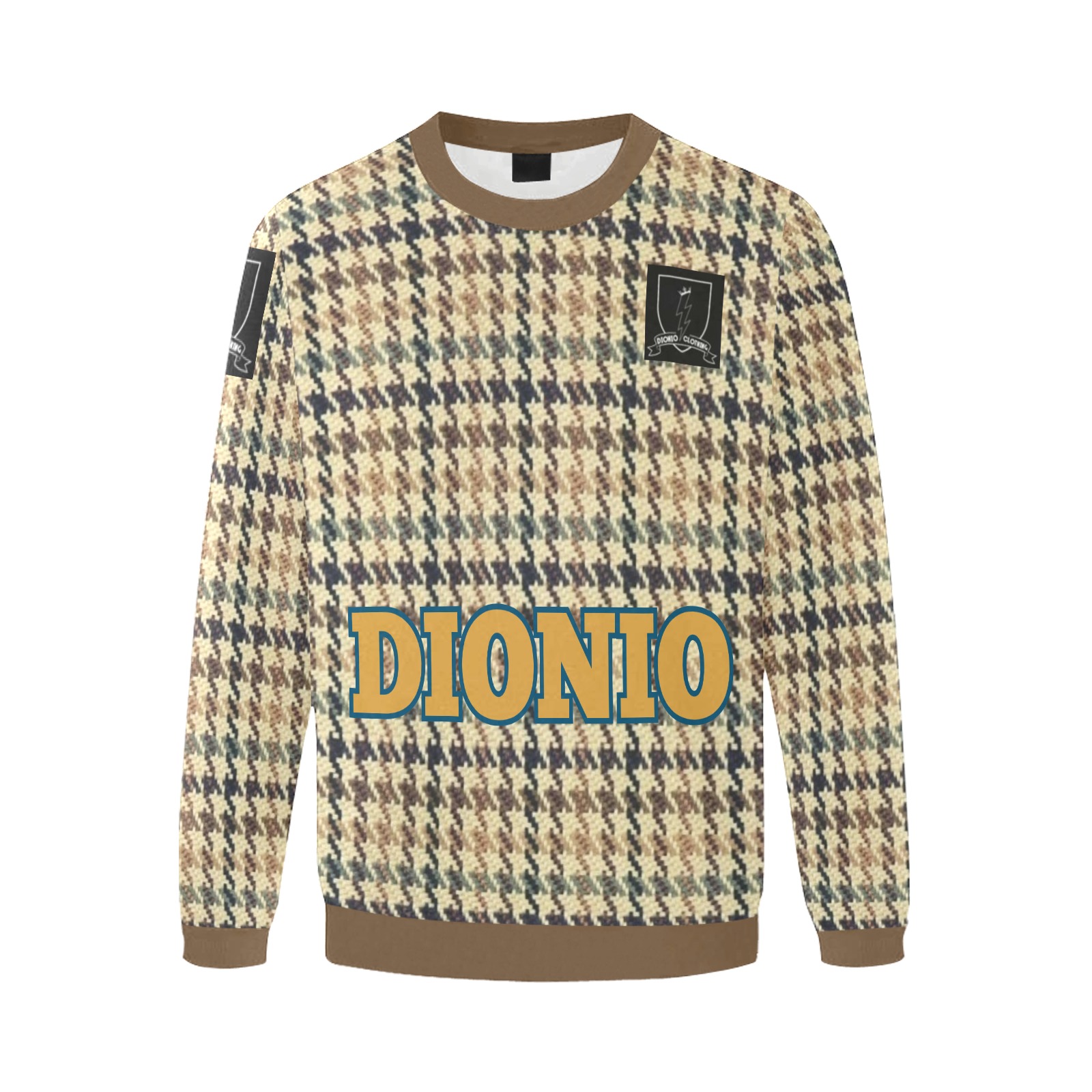 DIONIO Clothing - TweedLike Sweatshirt (Badge ,Brown, Blue & Off White) Men's Oversized Fleece Crew Sweatshirt (Model H18)