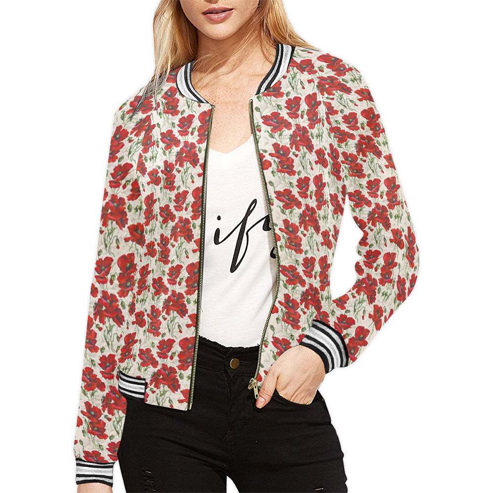 Red Poppies All Over Print Bomber Jacket for Women (Model H21)