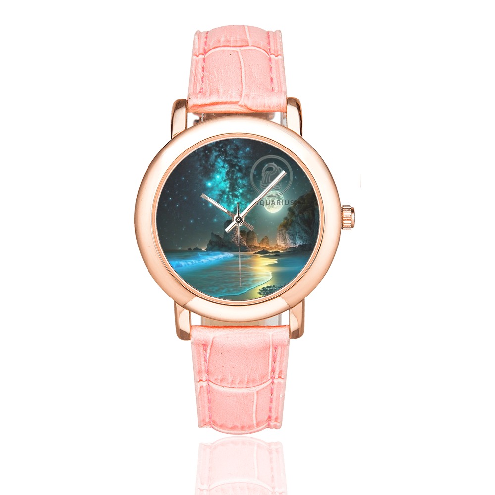 Moon with Aquarius Women's Rose Gold Leather Strap Watch(Model 201)