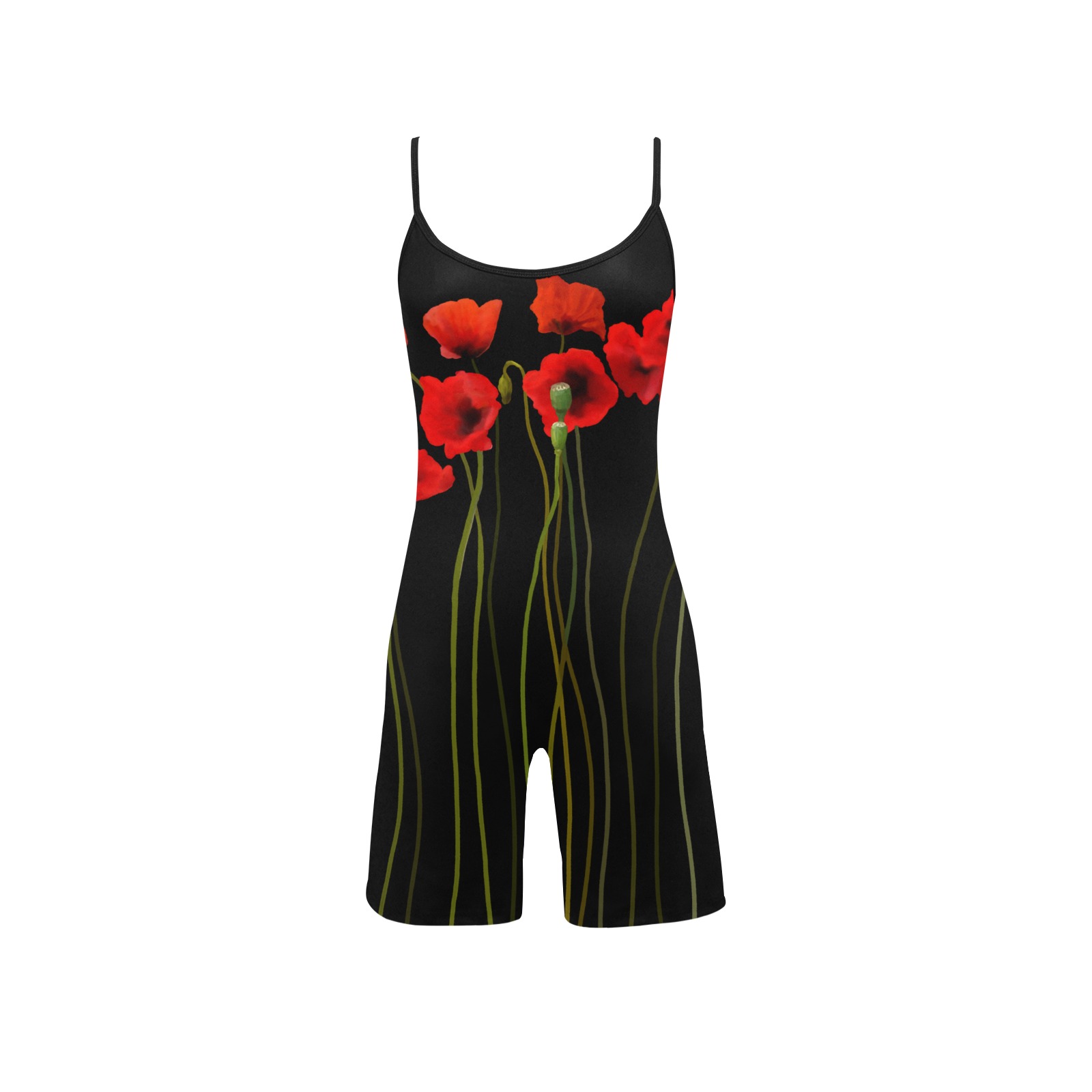 Poppies Floral Design Papaver somniferum on black Women's Short Yoga Bodysuit