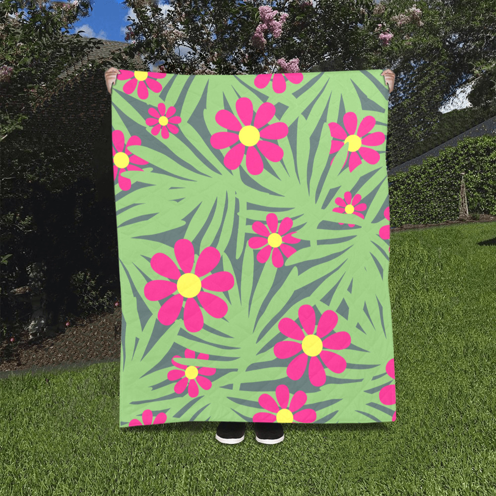 Pink Exotic Paradise Jungle Flowers and Leaves Quilt 40"x50"