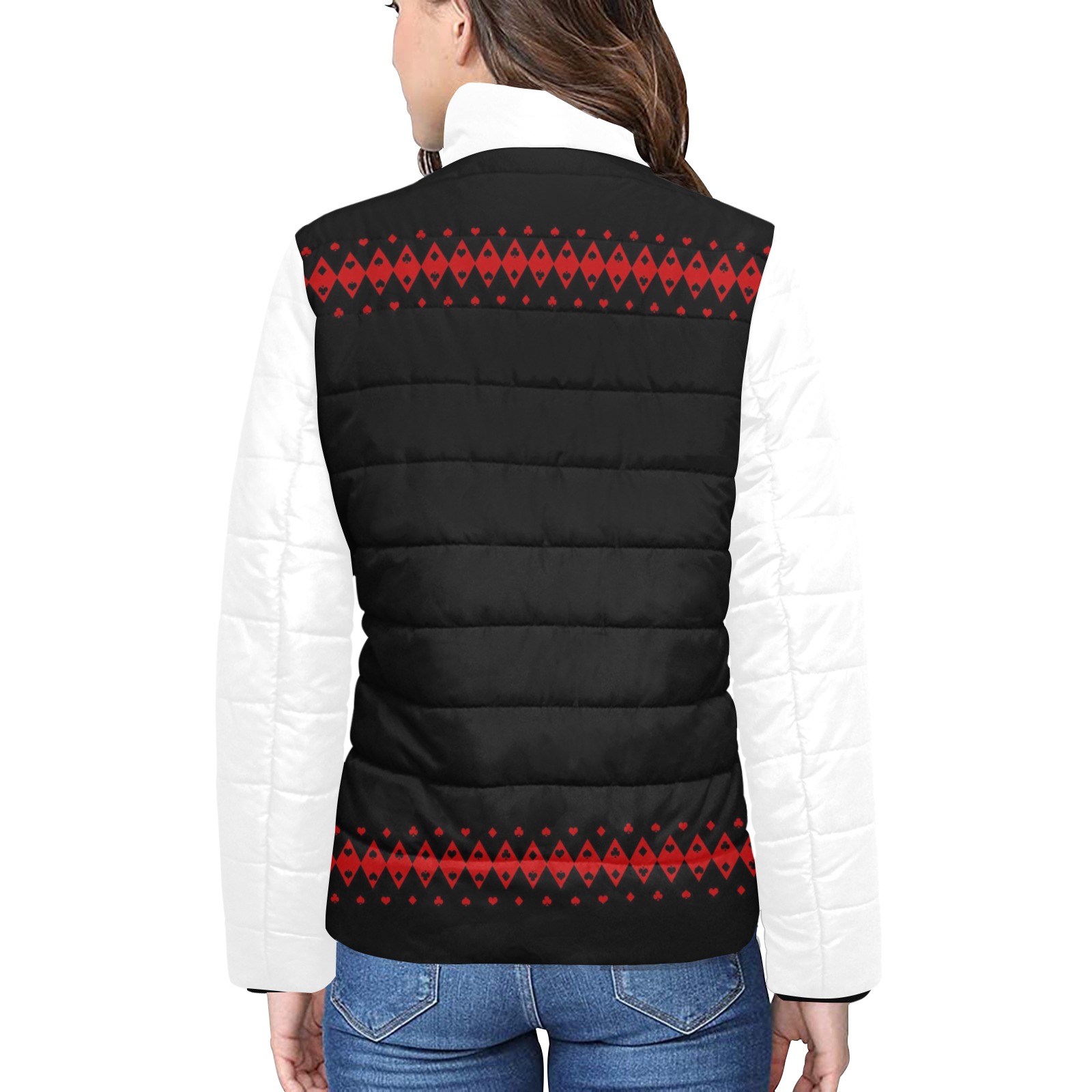 Black Red Playing Card Shapes / White Women's Stand Collar Padded Jacket (Model H41)