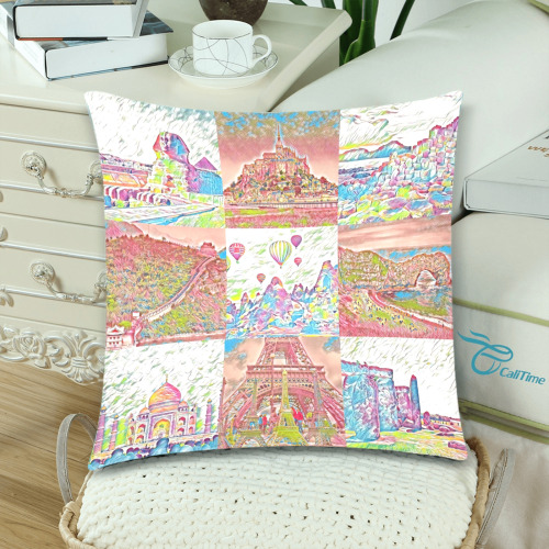 Second Pink and White World Travel Collage Custom Zippered Pillow Cases 18"x 18" (Twin Sides) (Set of 2)