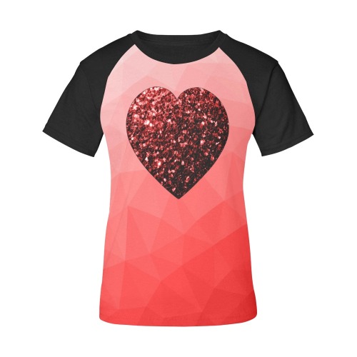 Red gradient geometric mesh pattern faux sparkles heart Women's Raglan T-Shirt/Front Printing (Model T62)