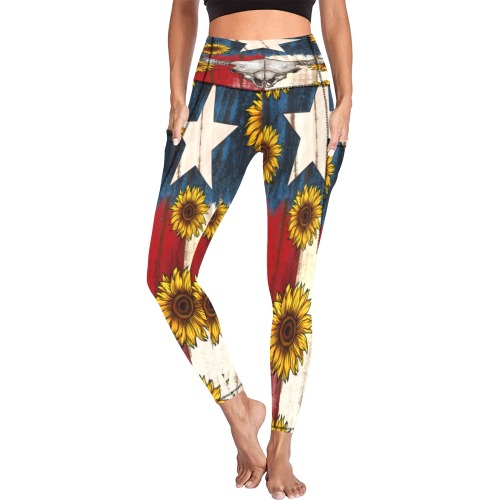 sunflower Texas Bullskull Leggins Women's All Over Print Leggings with Pockets (Model L56)