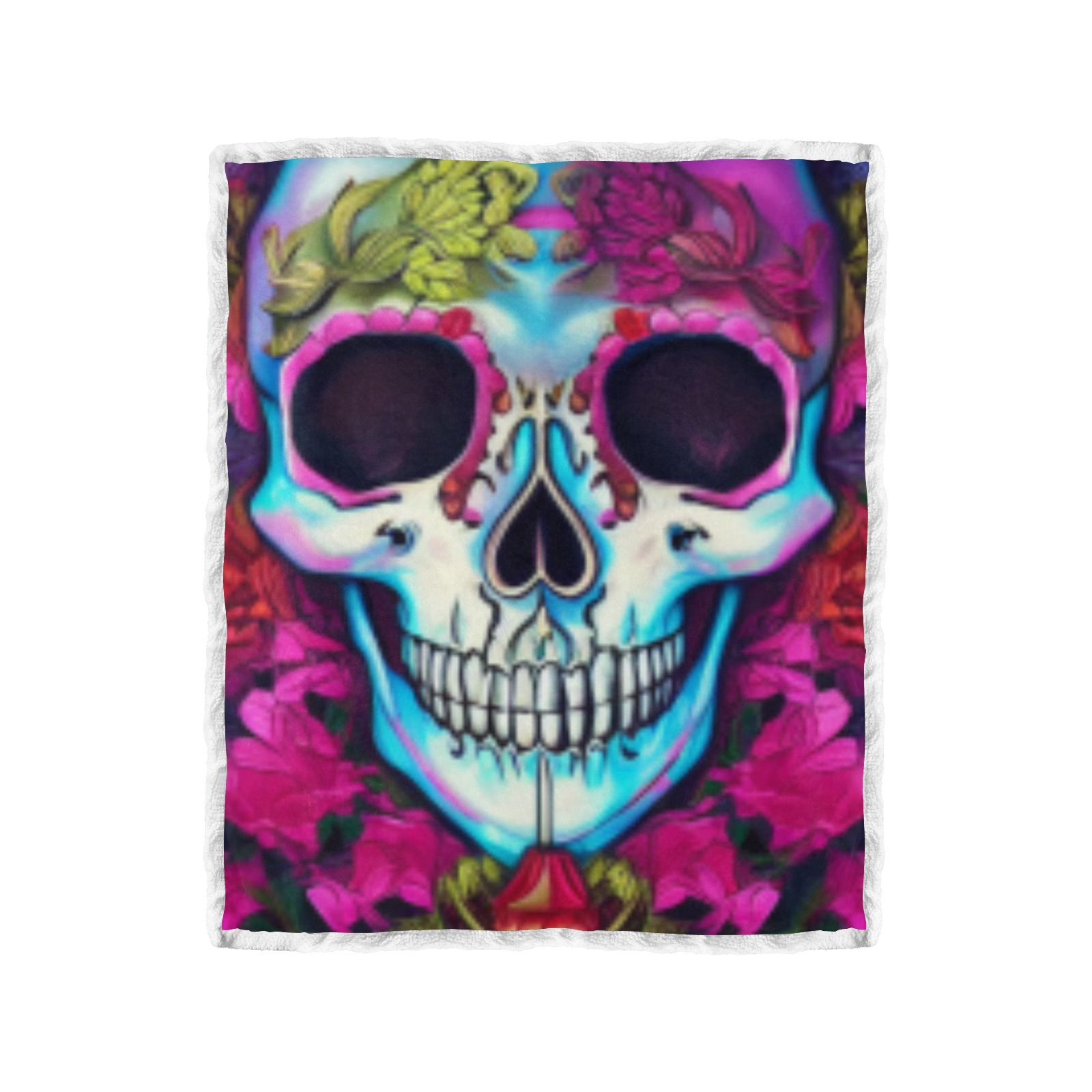 Skull Face Pink Floral Fleece Blanket Double Layer Short Plush Blanket 50"x60"