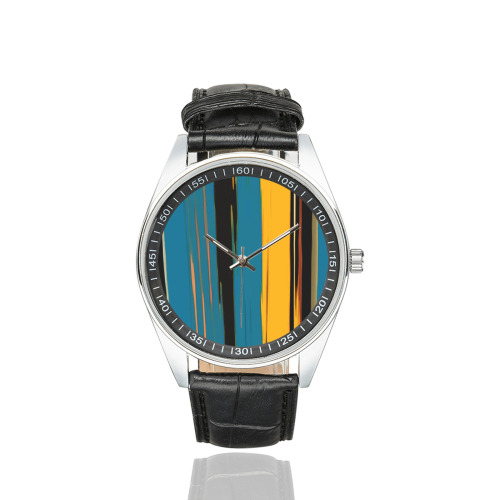 Black Turquoise And Orange Go! Abstract Art Men's Casual Leather Strap Watch(Model 211)