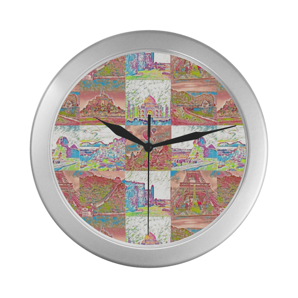 First Pink and White World Travel Collage Silver Color Wall Clock