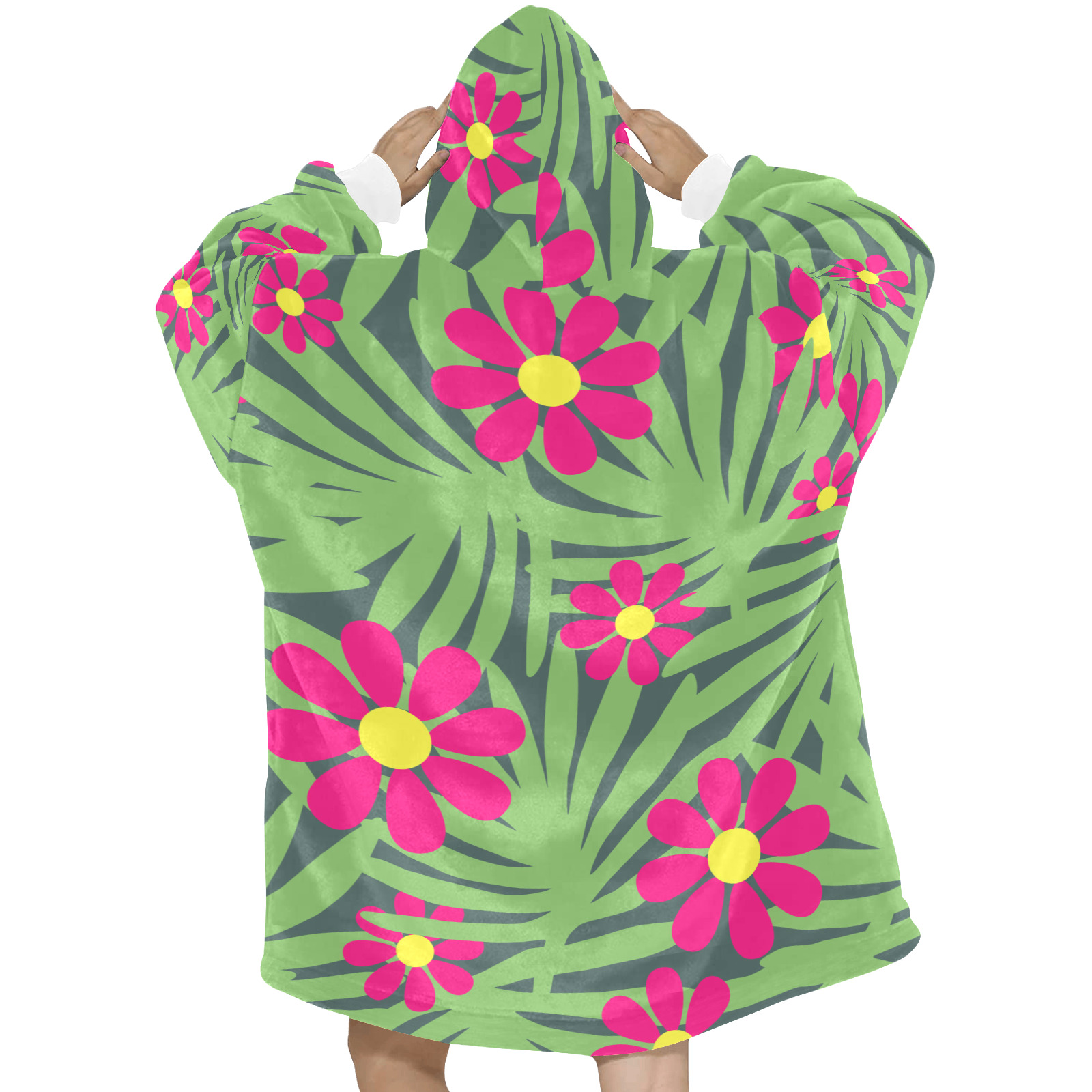 Pink Exotic Paradise Jungle Flowers and Leaves Blanket Hoodie for Women