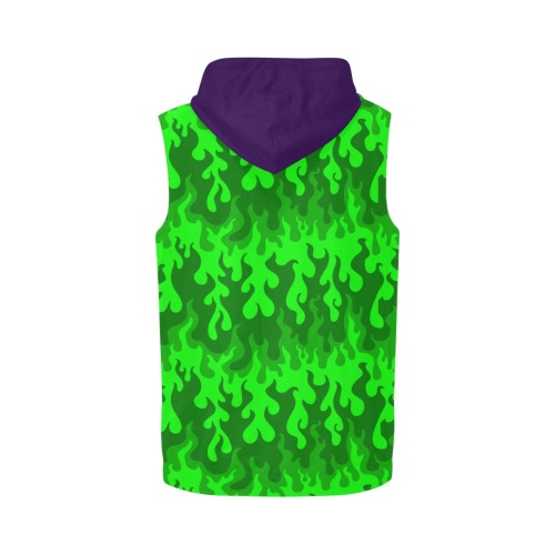 Green Fire All Over Print Sleeveless Zip Up Hoodie for Men (Model H16)