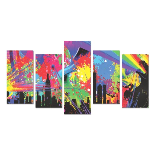Dino Colored Paint Splatter Skyline Canvas Print Sets E (No Frame)