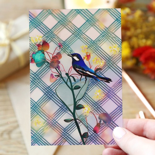 outline of flowers with a magpie on branch and outline of large clear mesh 3 Greeting Card 4"x6"