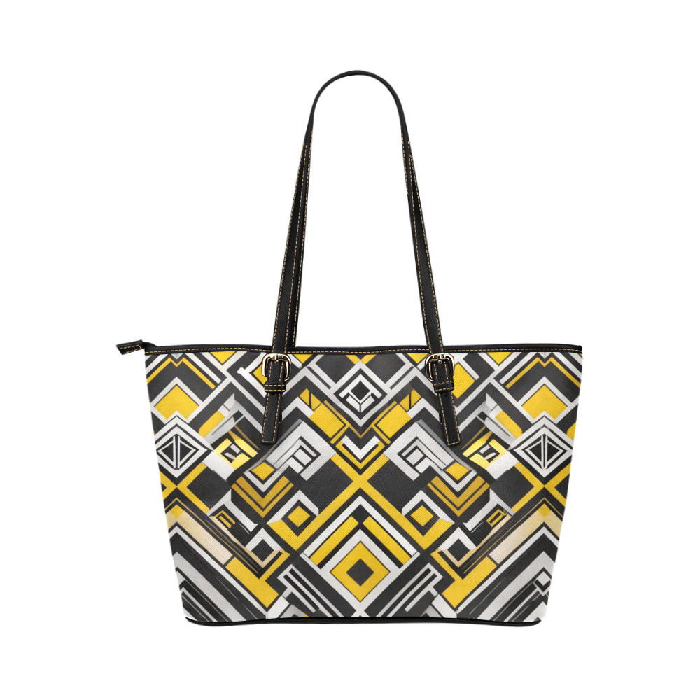 black white yellow pattern Leather Tote Bag/Large (Model 1651)