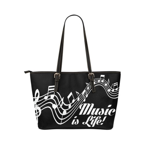 Music_Notes_ black Leather Tote Bag/Large (Model 1651)
