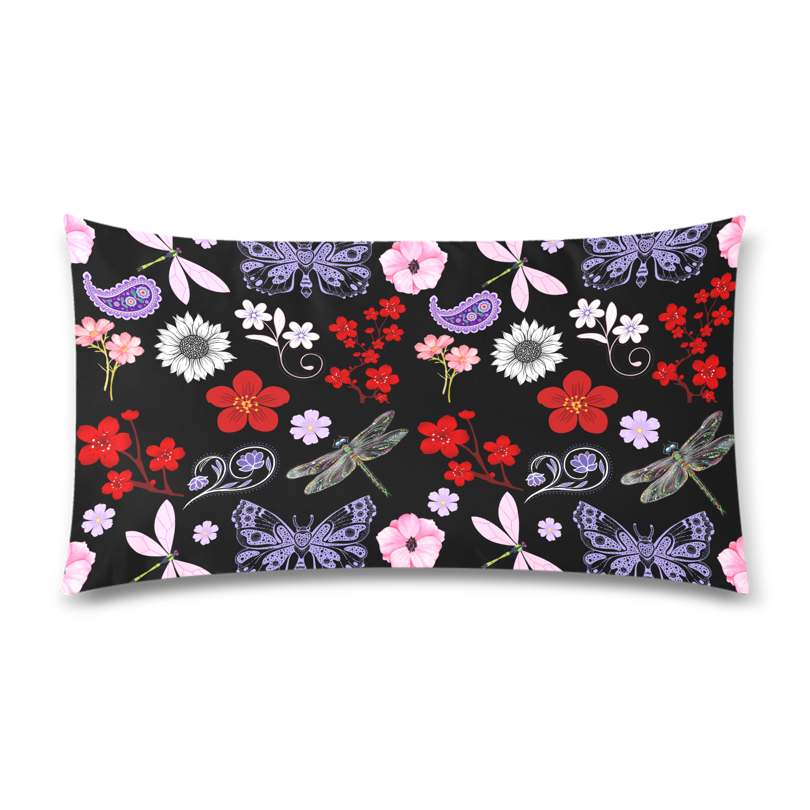 Black, Red, Pink, Purple, Dragonflies, Butterfly and Flowers Design Rectangle Pillow Case 20"x36"(Twin Sides)