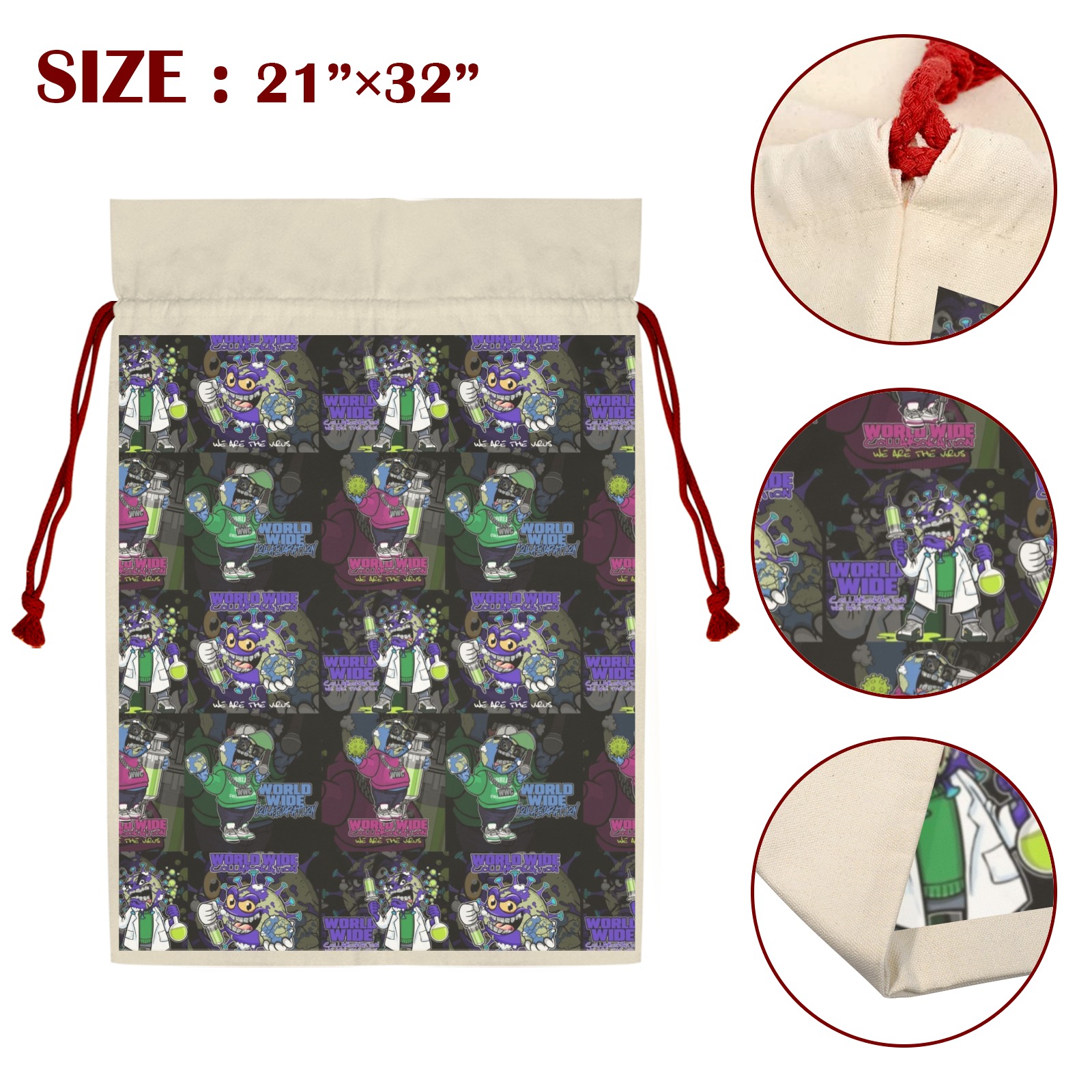 wwcfam 3 Pack Santa Claus Drawstring Bags (One-Sided Printing)
