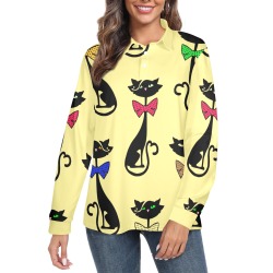 Black Cat with Bow Ties / Yellow Women's Long Sleeve Polo Shirt (Model T73)