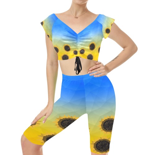 Ukraine yellow blue geometric mesh pattern Sunflowers Women's Crop Top Yoga Set