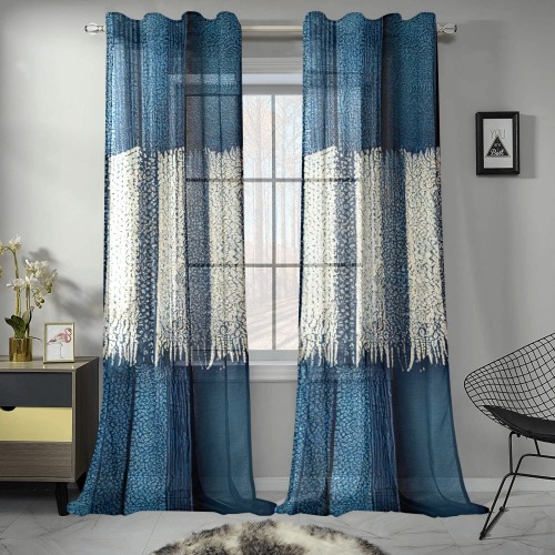 blue and white striped pattern 2 Gauze Curtain 28"x95" (Two-Piece)