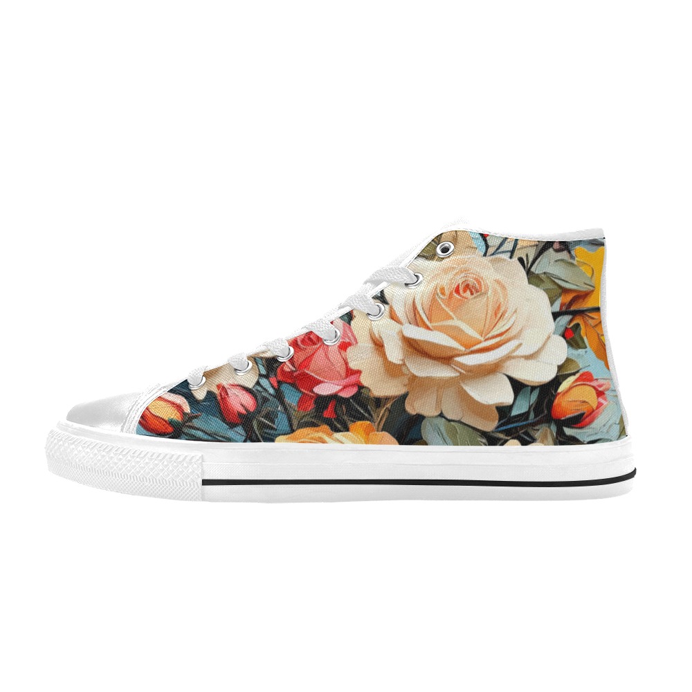 Chic bunch of beige rose flowers on blue oil art. Women's Classic High Top Canvas Shoes (Model 017)