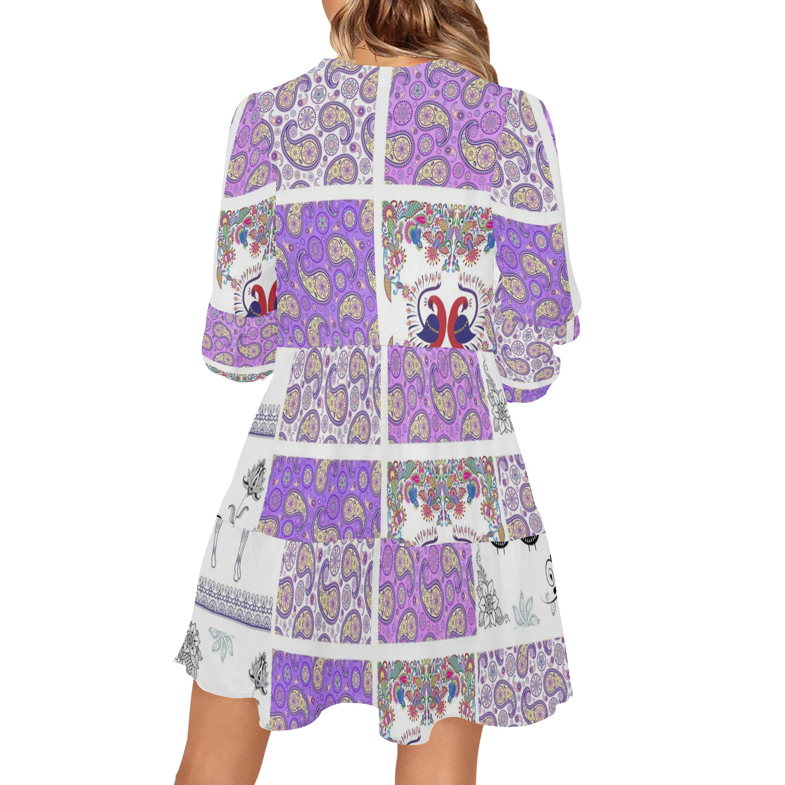 Purple Paisley Birds and Animals Patchwork Design V-Neck Loose Fit Dress (Model D62)