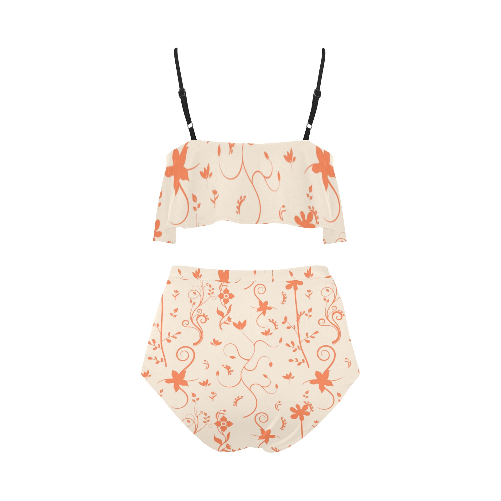 Living Coral Floral Pattern High Waisted Ruffle Bikini Set (Model S13)