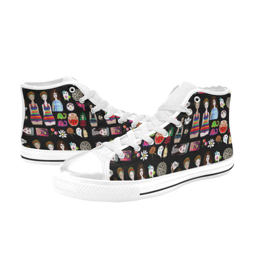 drawing collage black High Top Canvas Shoes for Kid (Model 017)