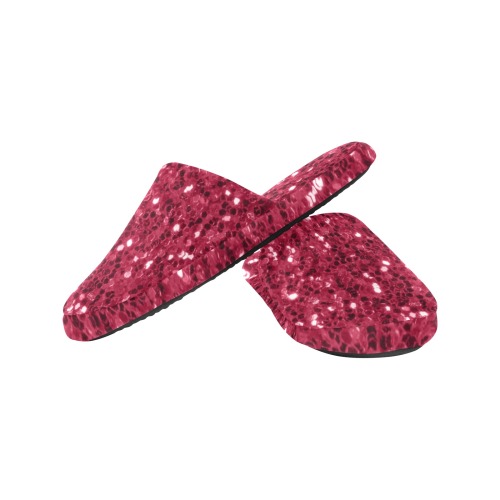Magenta dark pink red faux sparkles glitter Women's Cotton Slippers (Model 0601)