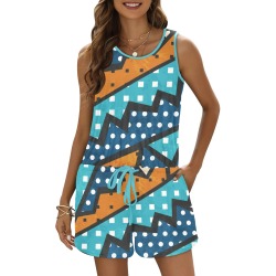 Abstract Shapes, Slight Grunge All Over Print Vest Short Jumpsuit