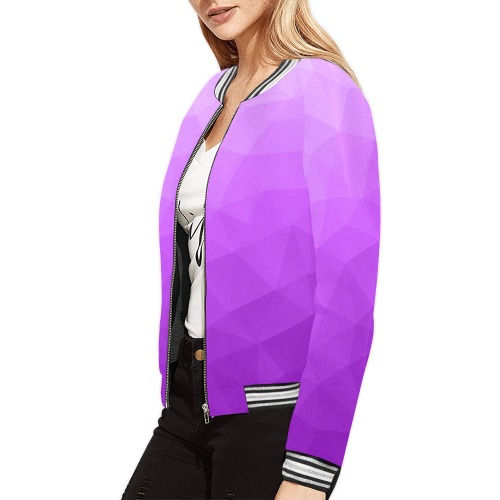 Purple gradient geometric mesh pattern All Over Print Bomber Jacket for Women (Model H21)