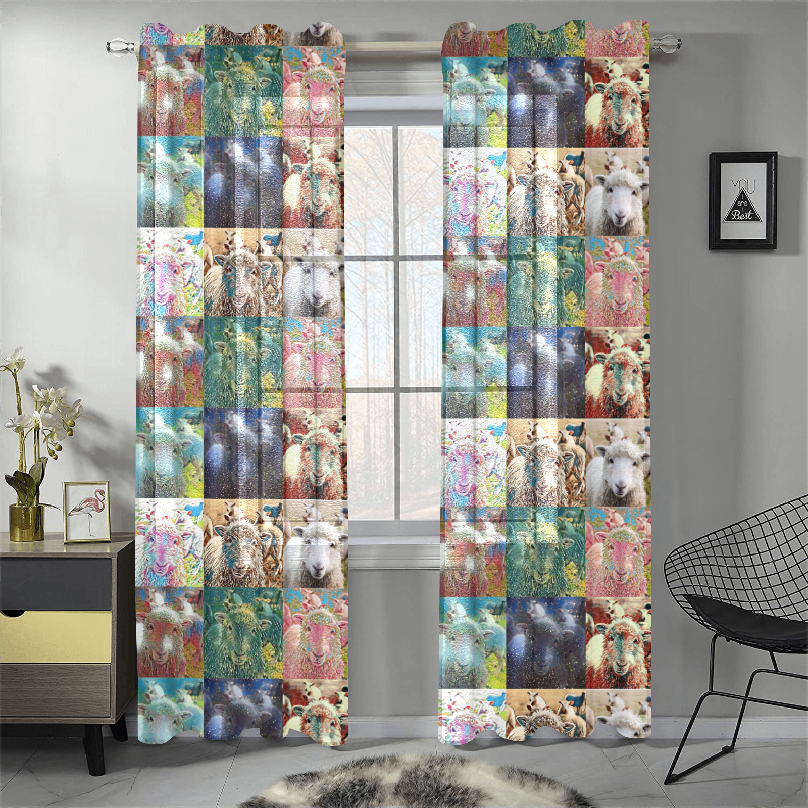 Sheep With Filters Collage Gauze Curtain 28"x84" (Two-Piece)