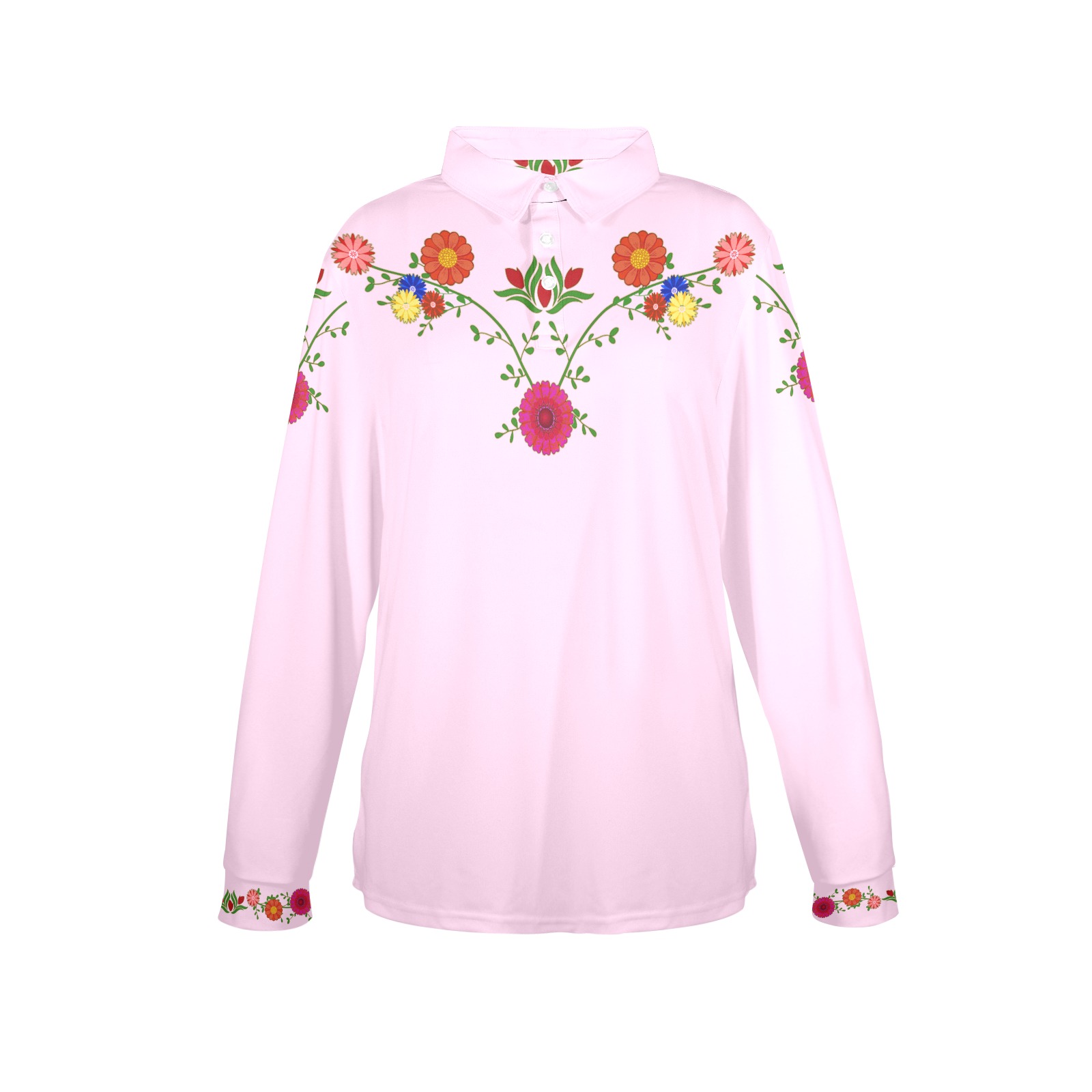 Flowers on the Vine Row / Pink Women's Long Sleeve Polo Shirt (Model T73)