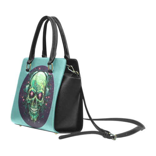 Zombie Skull with Headphones Turquoise Rivet Shoulder Handbag (Model 1645)