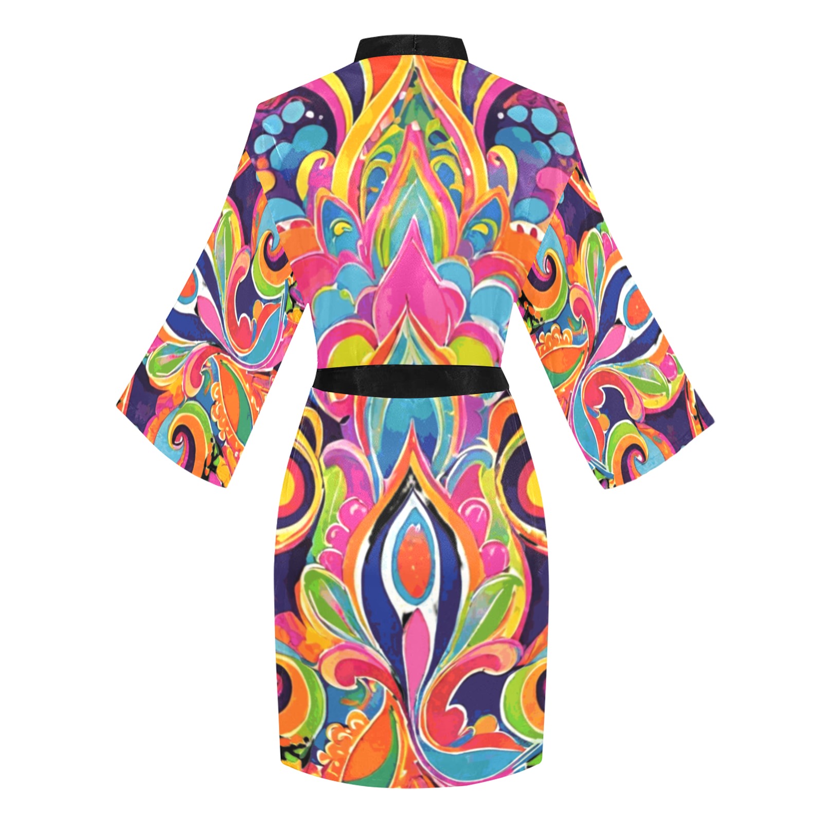 Abstract Retro Hippie Paisley Floral Motif Long Sleeve Kimono Robe