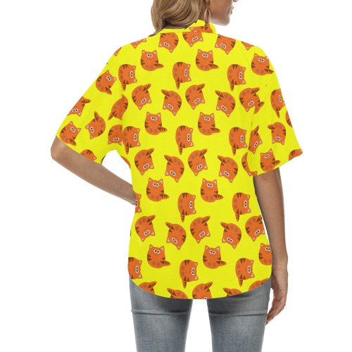 Cute Tiger Cat Pattern on Yellow All Over Print Hawaiian Shirt for Women (Model T58)