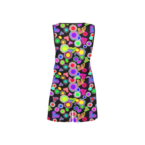 Groovy Hearts and Flowers Black All Over Print Short Jumpsuit
