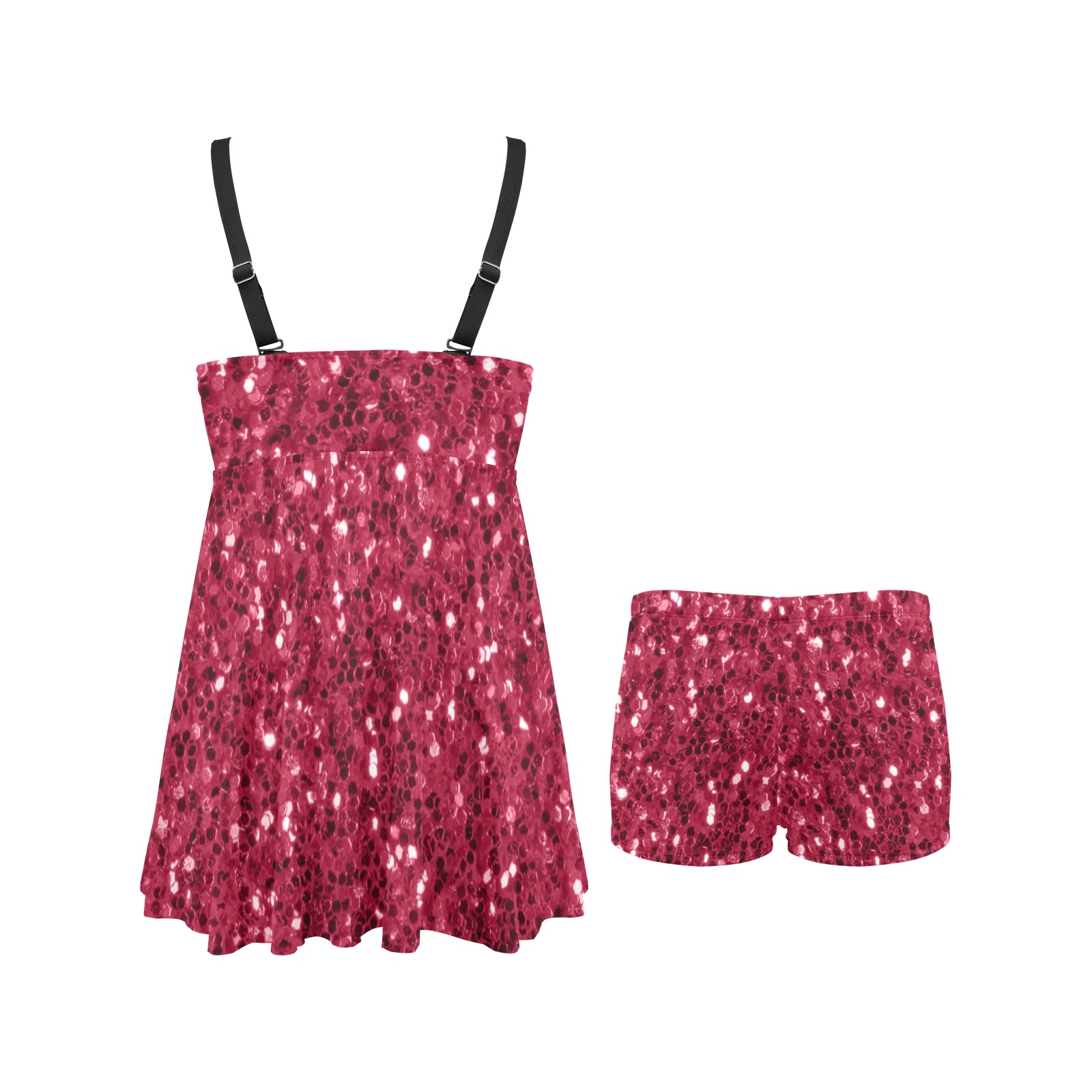 Magenta dark pink red faux sparkles glitter Chest Pleat Swim Dress (Model S31)