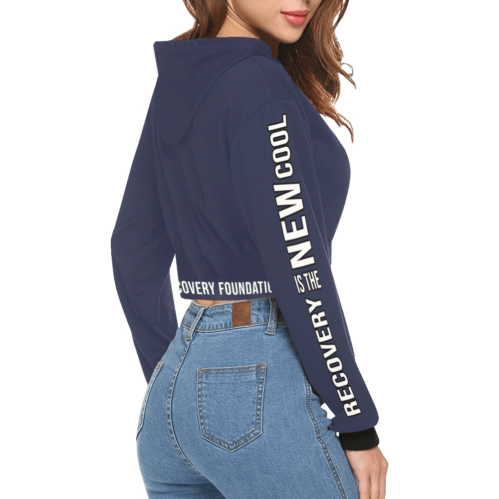 New Cool Navy Blue All Over Print Crop Hoodie for Women (Model H22)