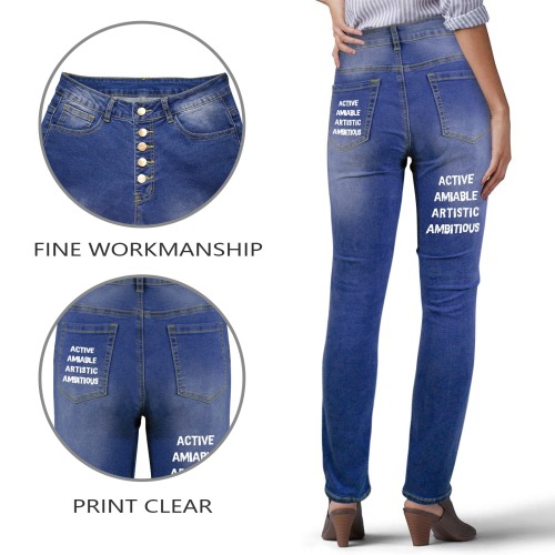 Active, amiable, artistic, ambitious white words. Women's Jeans (Back Printing)