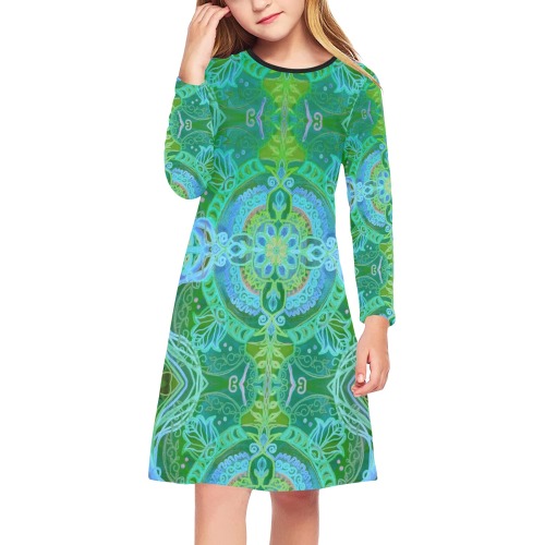 floralie-greenblue Girls' Long Sleeve Dress (Model D59)