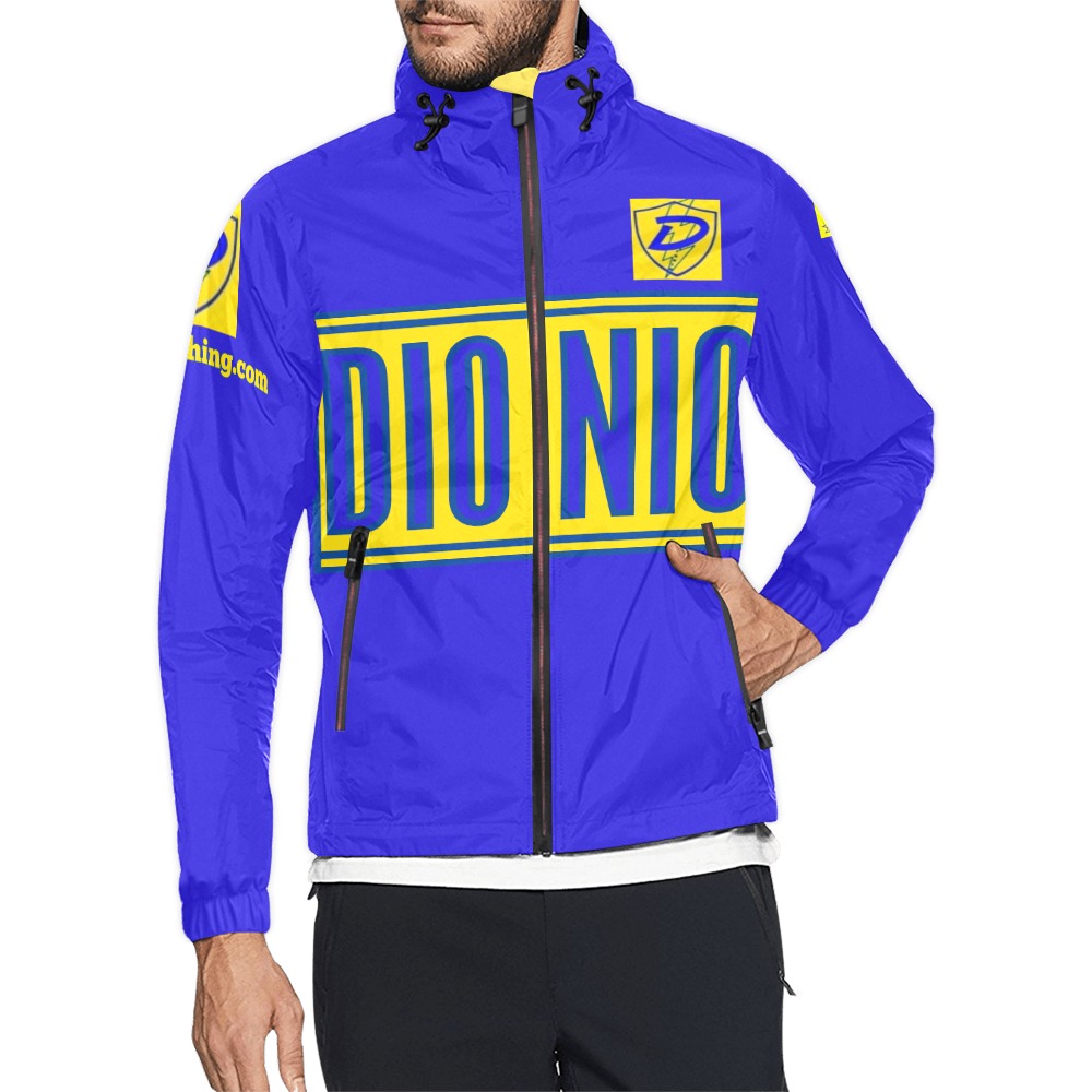 DIONIO Clothing - Blue Windbreaker Jacket (Yellow & Blue D-Shield Logo) Unisex All Over Print Windbreaker (Model H23)