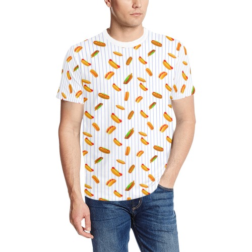 Hot Dog Pattern with Pinstripes Men's All Over Print T-Shirt (Solid Color Neck) (Model T63)