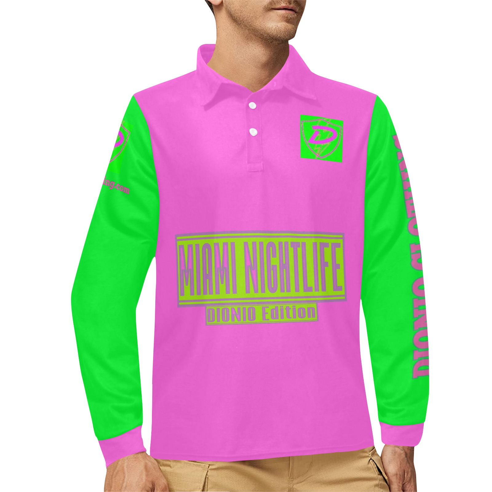 DIONIO Clothing - Men's Miami Nightlife Long Sleeve Polo Shirt (Neon D-Shield Logo) Men's Long Sleeve Polo Shirt (Model T73)