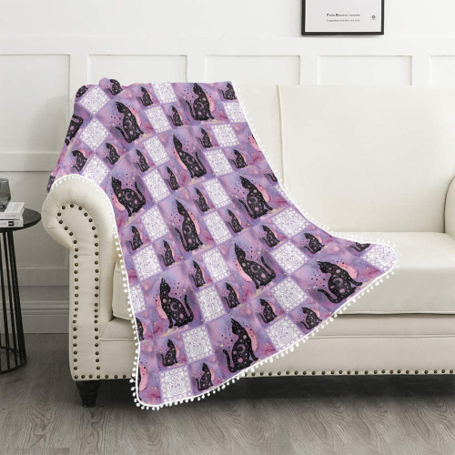 Purple Cosmic Cats Patchwork Pattern Pom Pom Fringe Blanket 40"x50"
